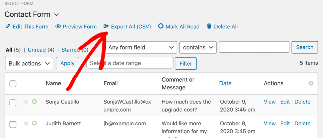 entrada de formulário wpforms