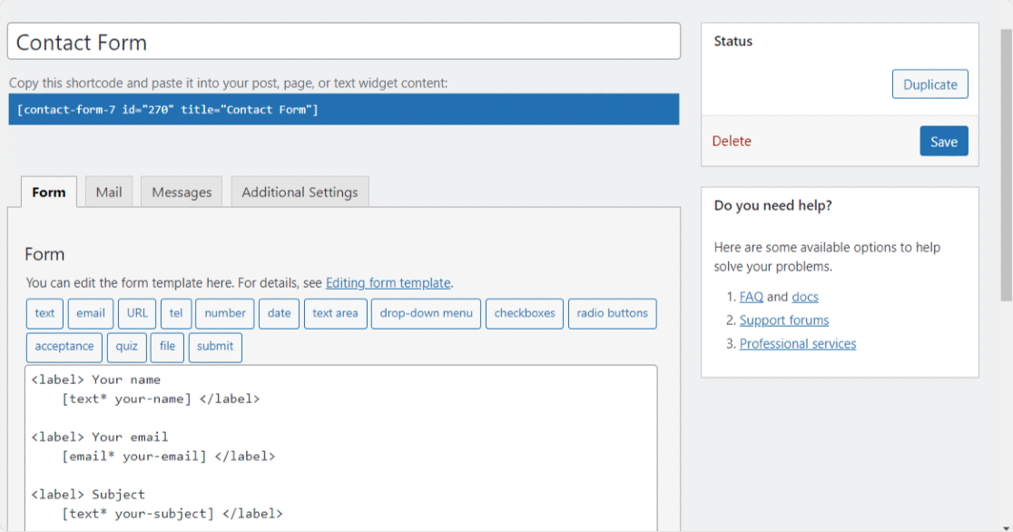 interface du formulaire de contact 7