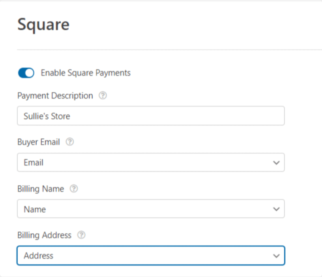 configurações adicionais de pagamentos quadrados