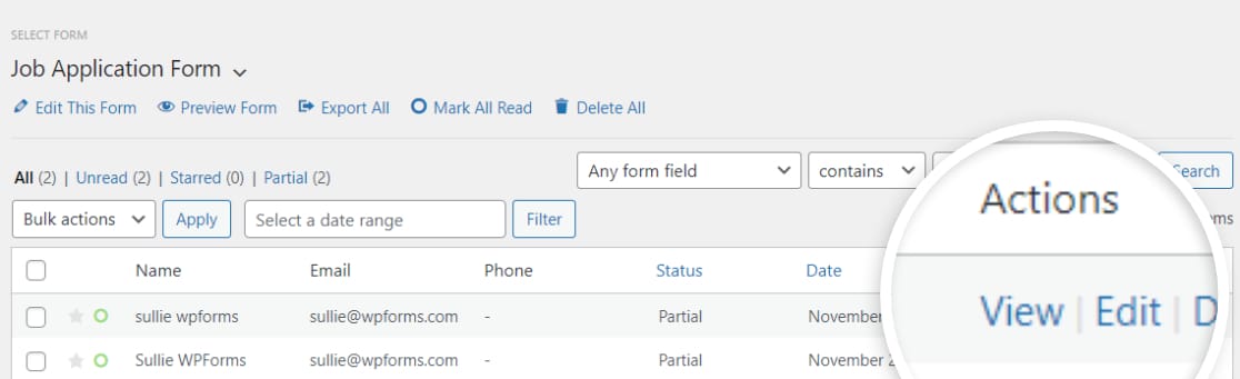 lihat entri formulir sebagian