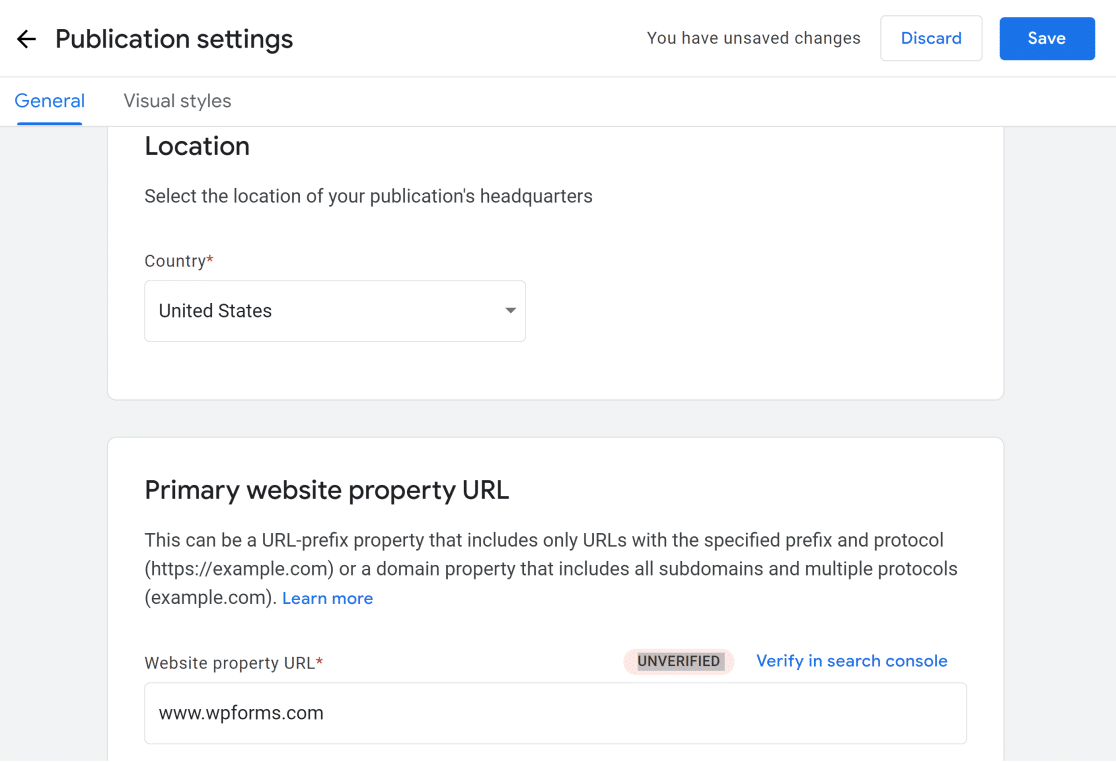 Más configuraciones de publicación