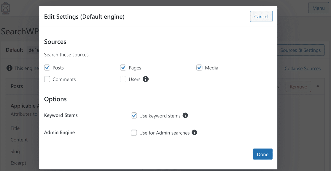 Sources et paramètres SearchWP