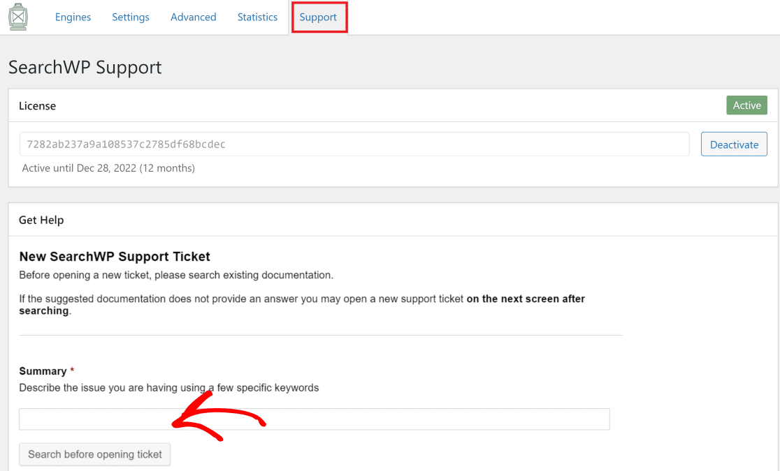 Ticket d'assistance SearchWP