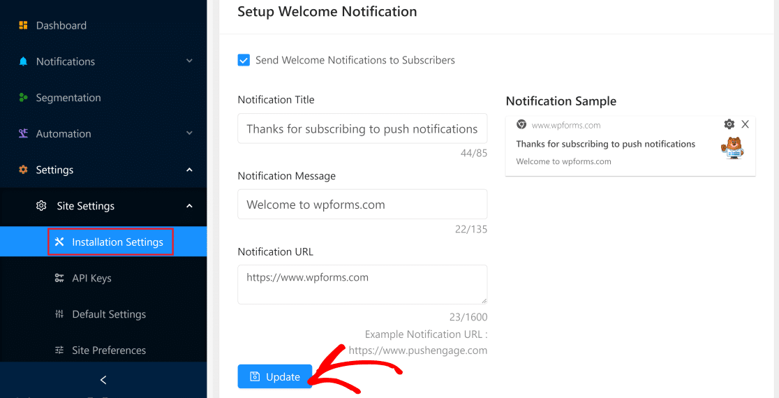 Configurer la notification de bienvenue