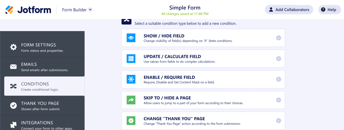 Condições do Jotform