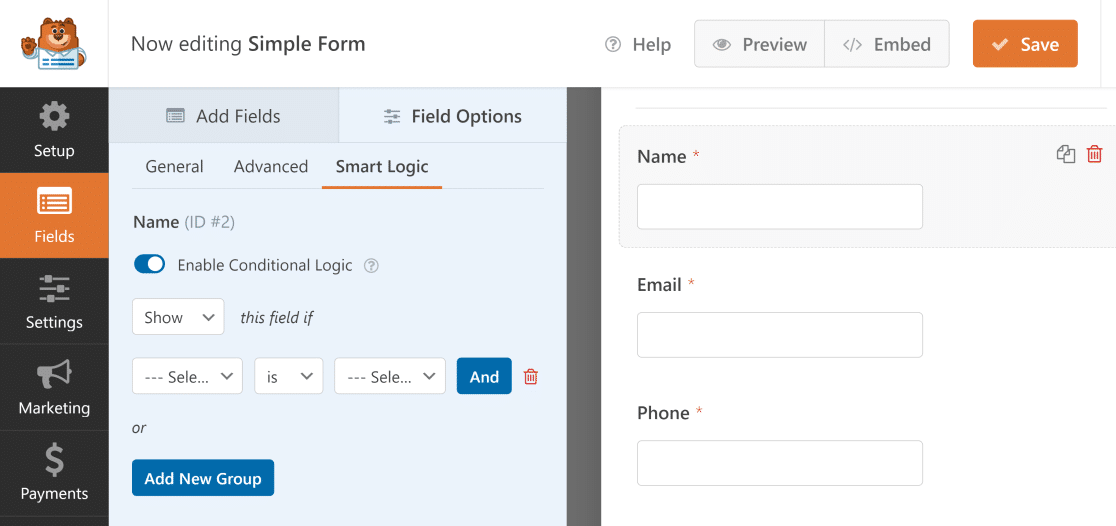 WPForms 조건부 논리