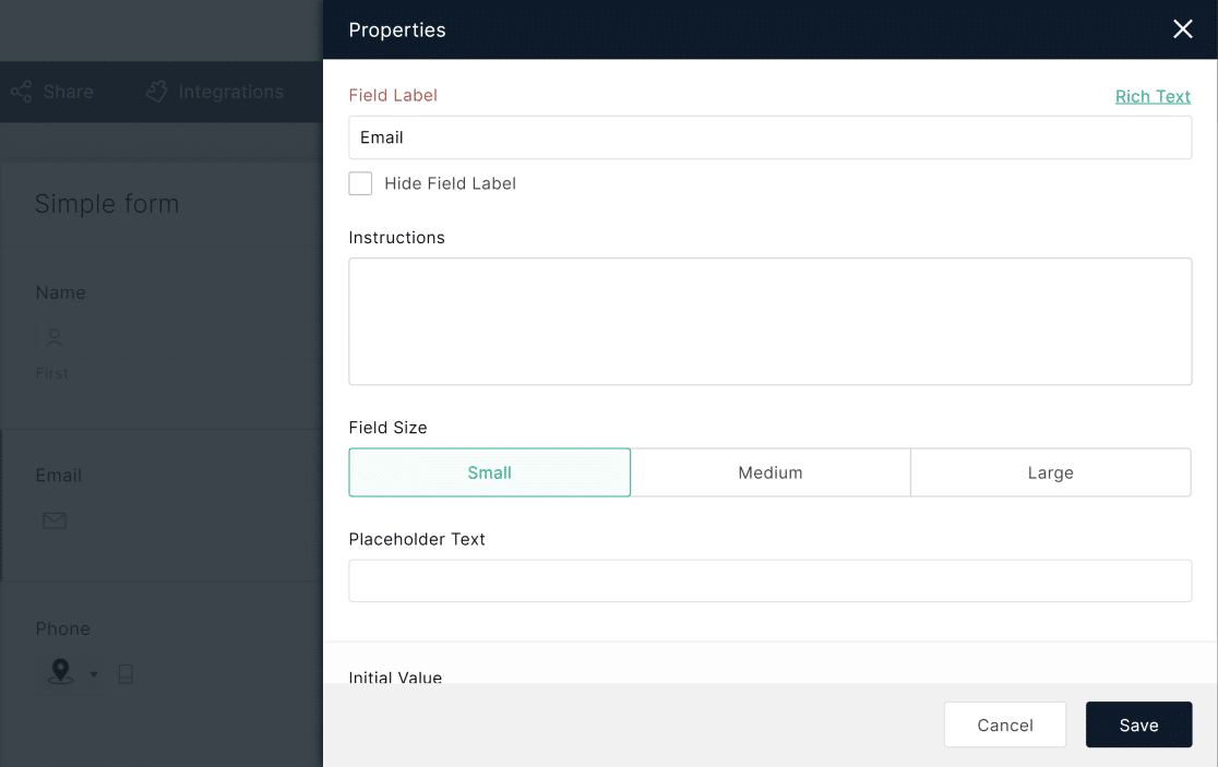 propriedades do formulário Zoho