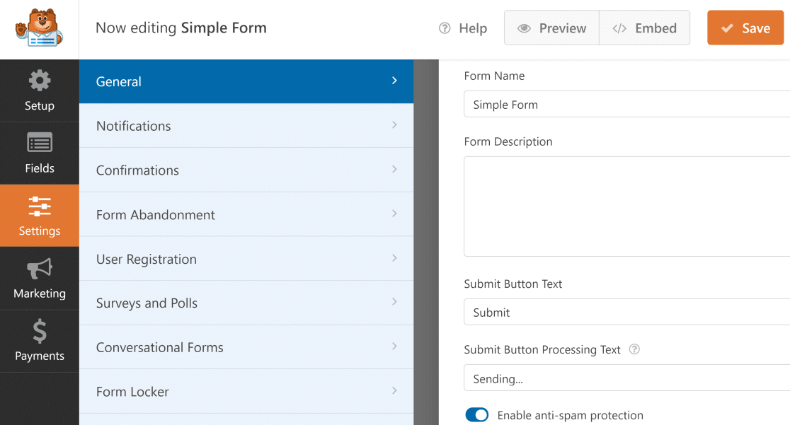 Impostazioni di WPForms