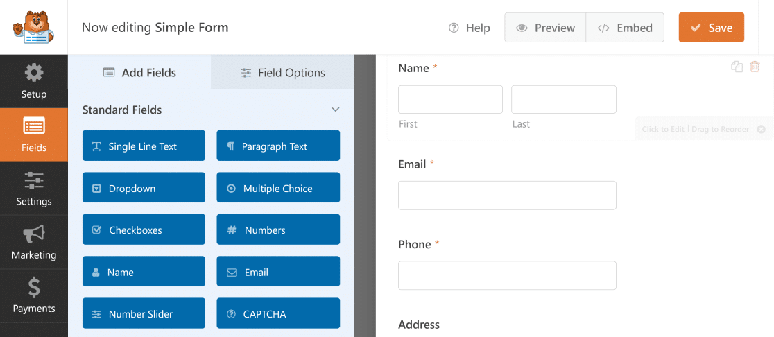 Visualização do construtor WPForms