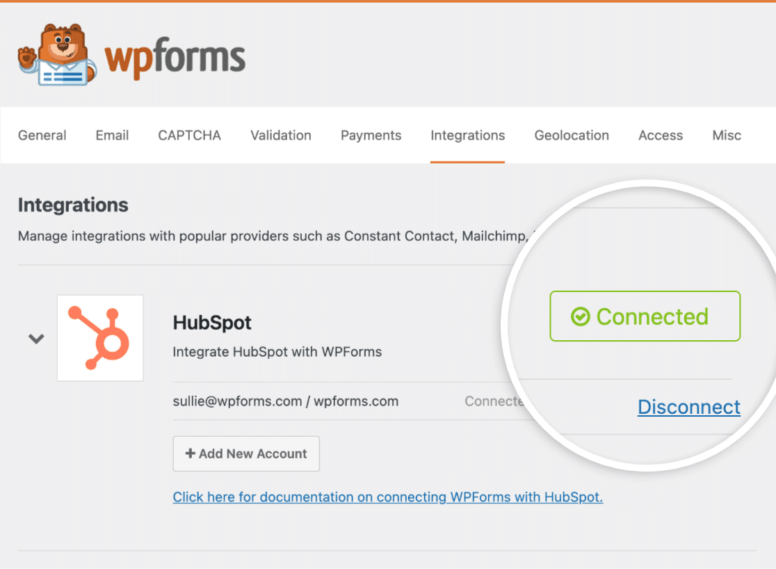 WPFormsに接続されたHubSpot