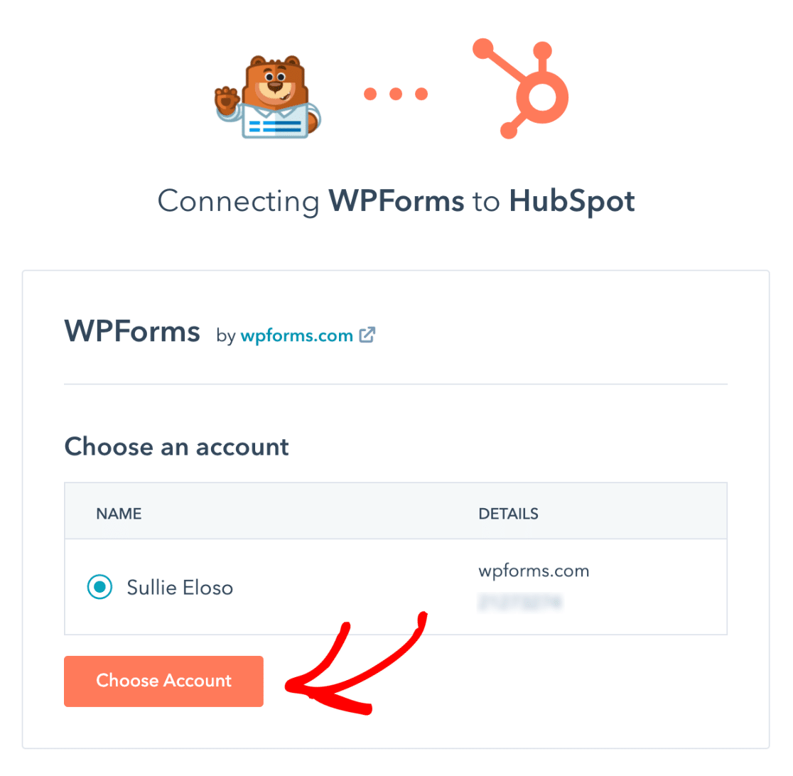 เลือกบัญชีสำหรับ HubSpot