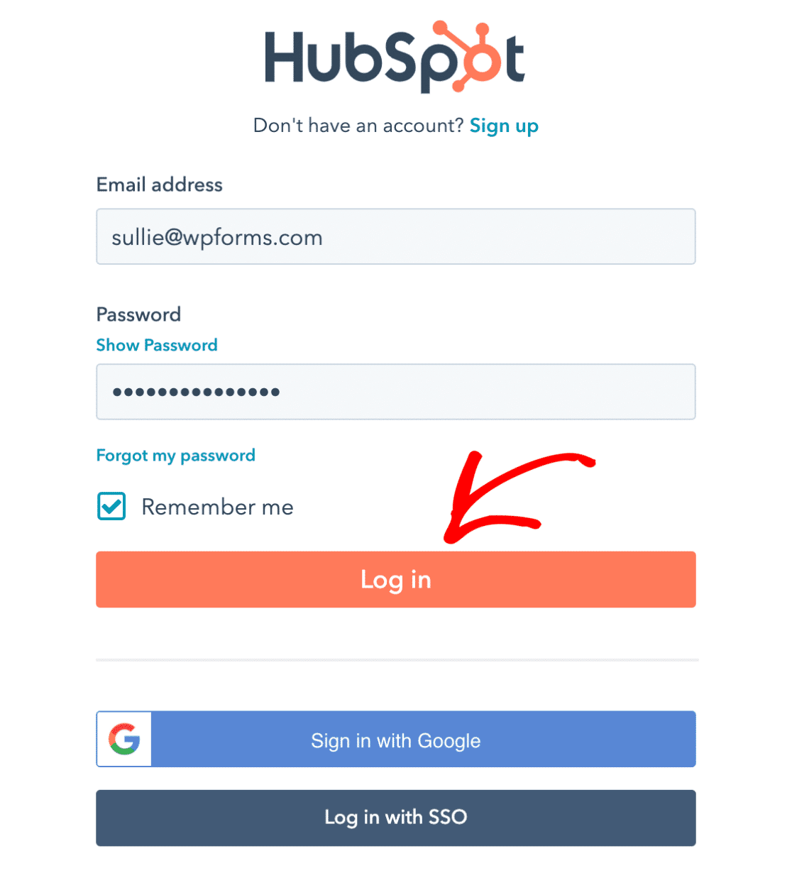 Formulir login HubSpot WPForms