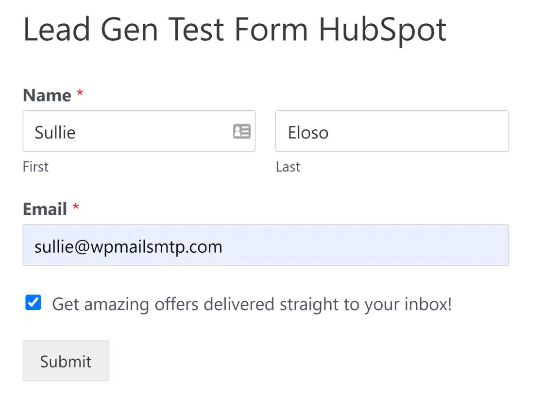 Formularul de testare HubSpot completat