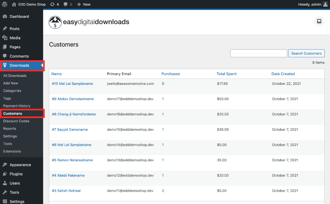 Lista de clientes de EDD