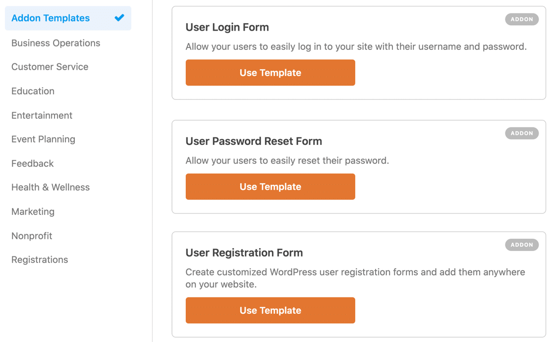 Plantillas de formulario de complemento de registro de usuario