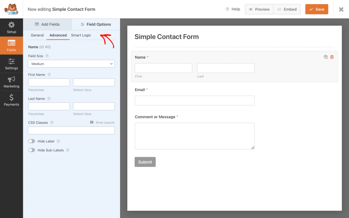 fichas dedicadas de opciones de campo de actualización de form bulder