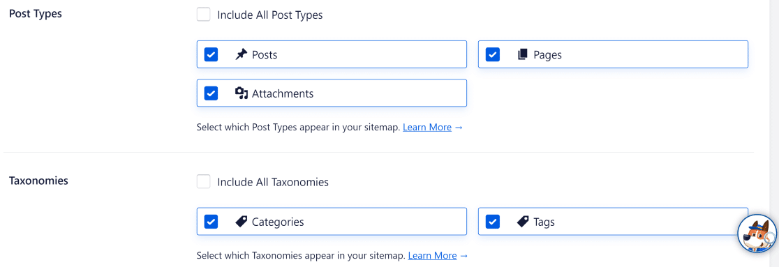 Odznaczone typy postów aioseo sitemap