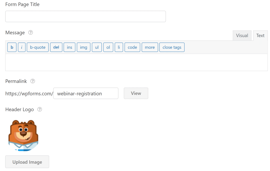 Paramètres de page de formulaire