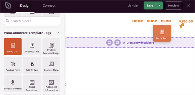 Drag and drop blocks to add them to your woocoommerce navigation