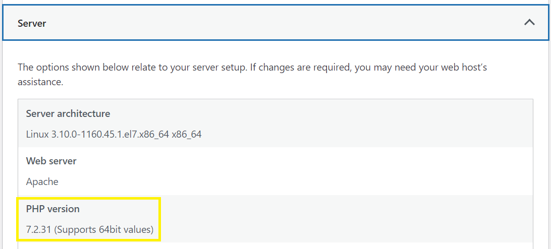 Versi PHP terdaftar di bagian Server dari alat kesehatan situs