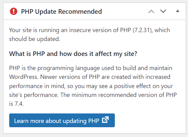 Aviso de atualização do PHP no painel do WordPress