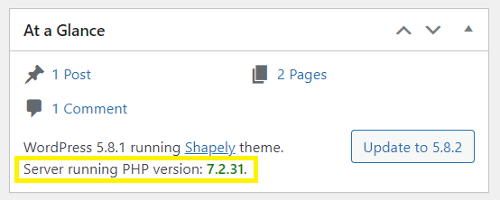 PHP-Version, die im Abschnitt „Auf einen Blick“ aufgeführt ist