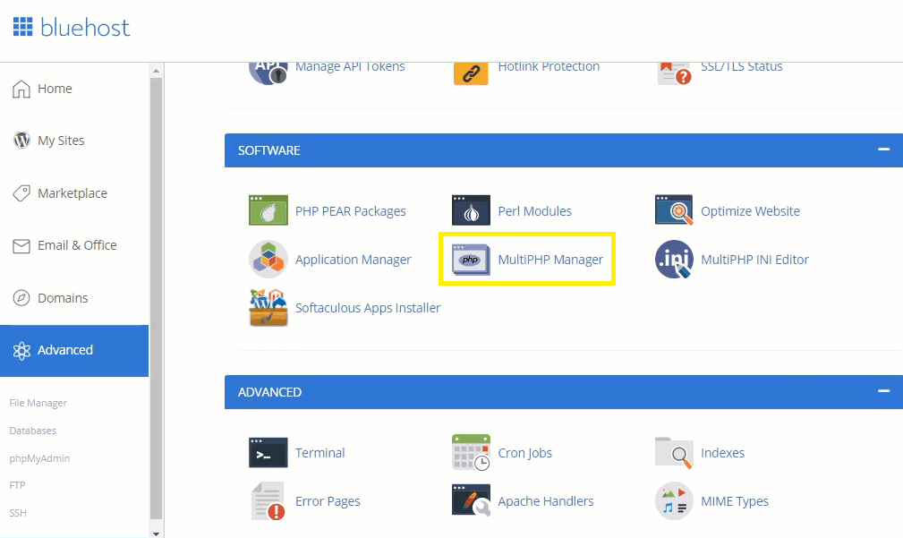 Interfaz de Bluehost que muestra MultiPHP Manager