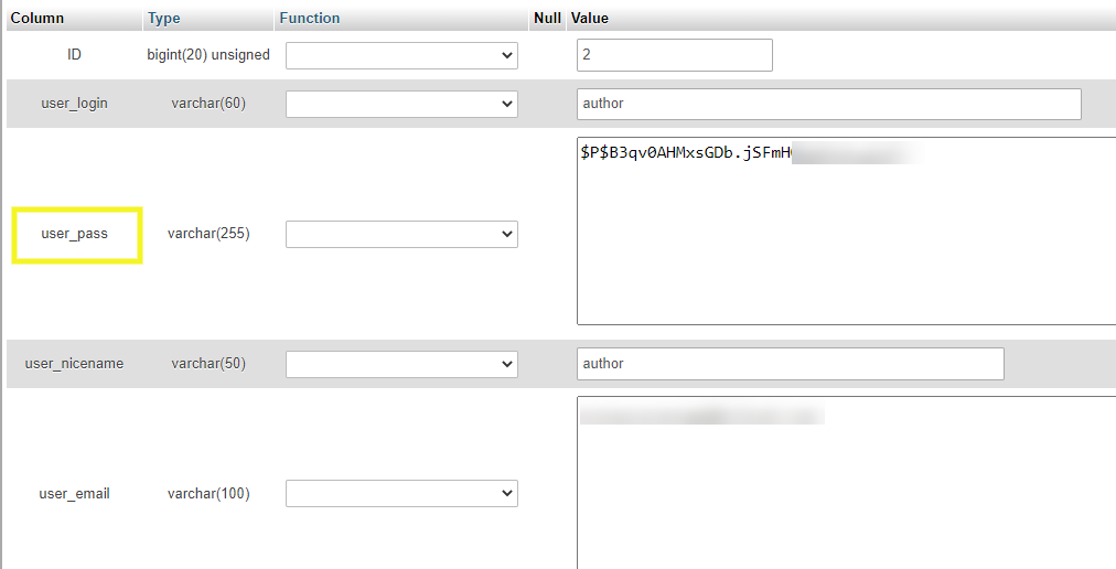 إعادة تعيين كلمة مرور المستخدم في PHPMyAdmin