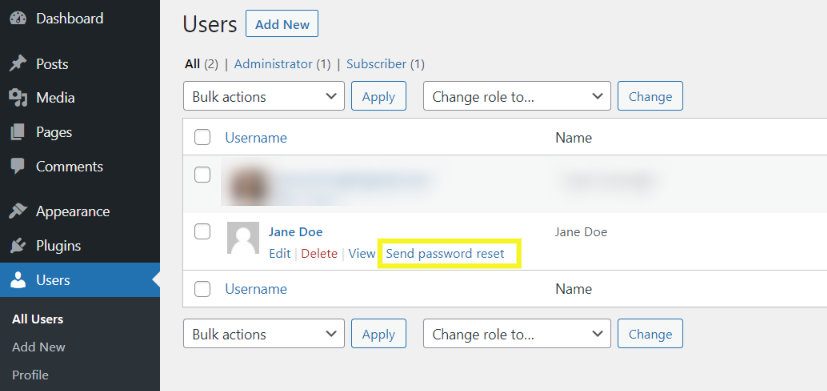 enviar enlace de contraseña en la sección Usuarios de WordPress