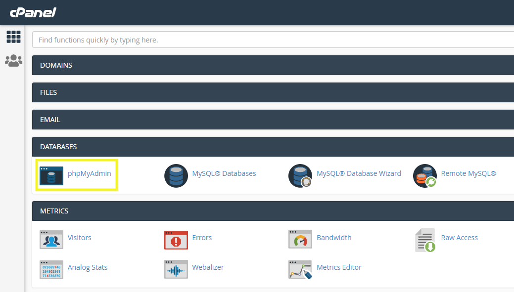 تم تمييز phpMyAdmin في cpanel