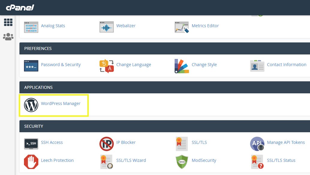 Administrador de WordPress resaltado en cpanel