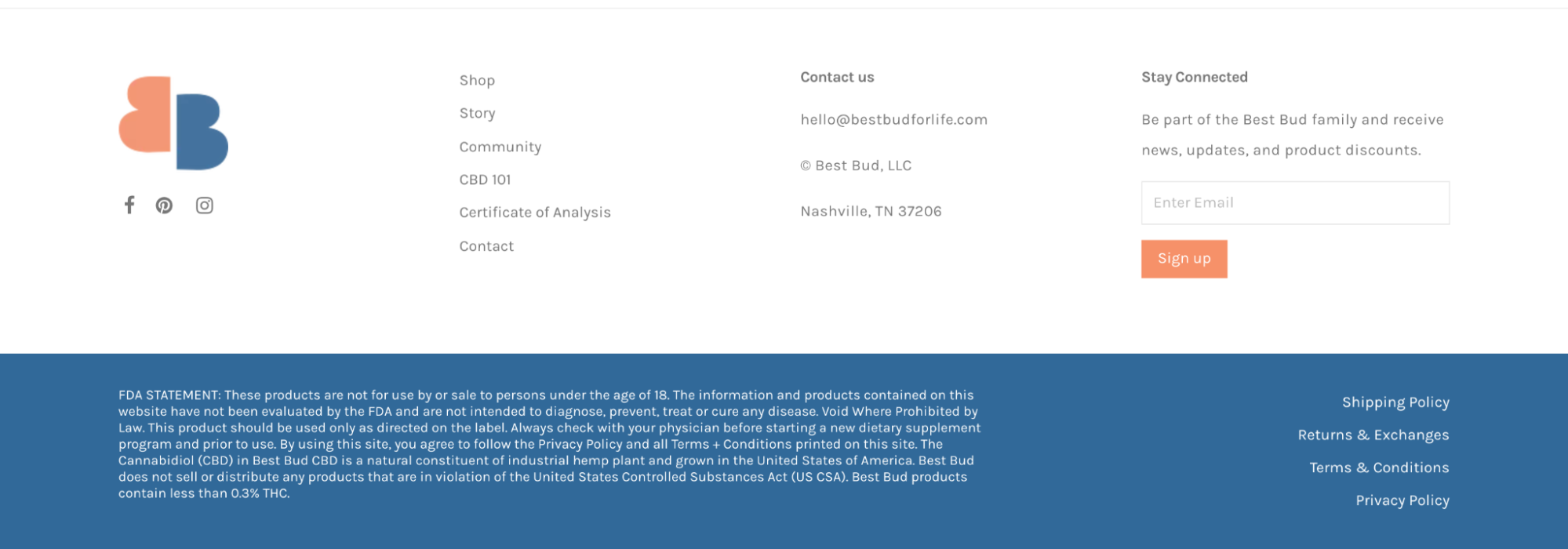 Situs web Best Bud, menampilkan pernyataan FDA di footer