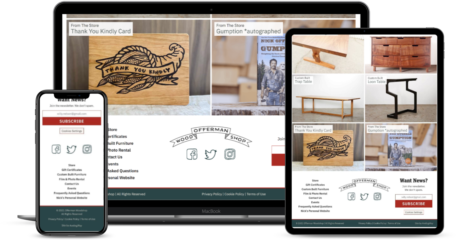 Footer Offerman Woodshop pada beberapa jenis perangkat