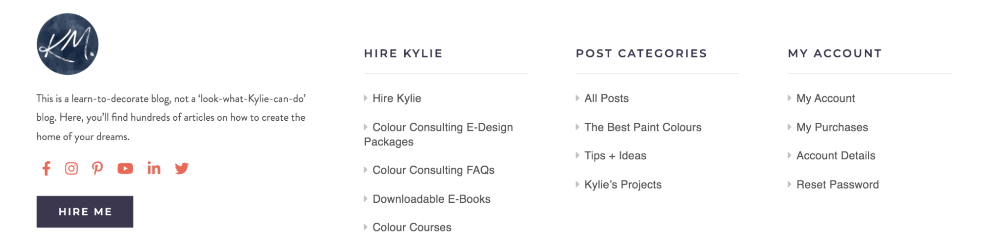 Le pied de page de Kyle M Interiors avec les catégories d'articles de blog