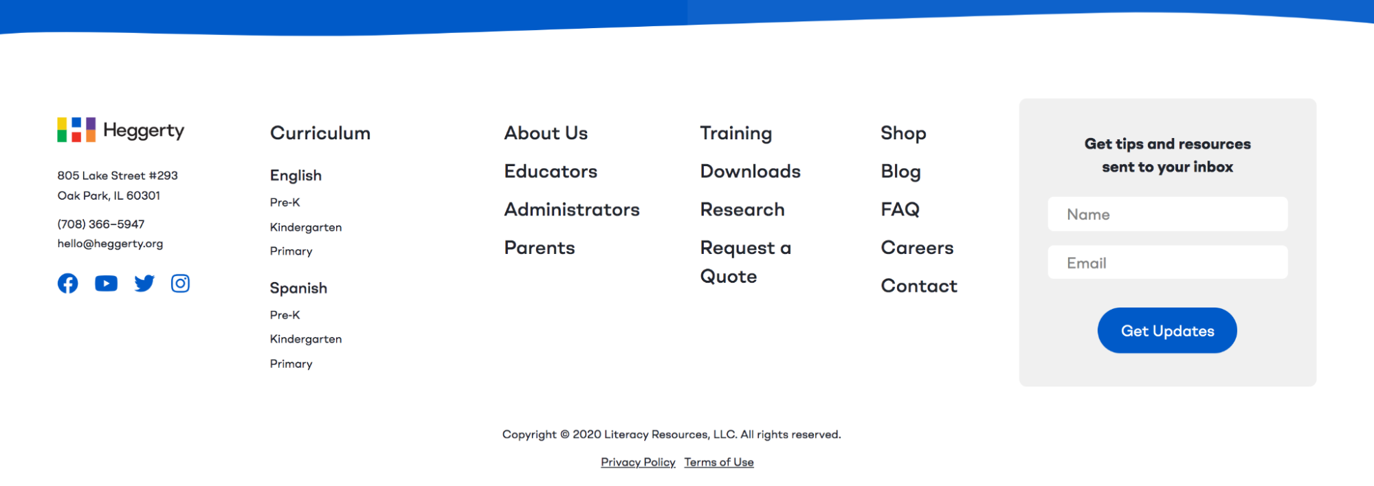 Footer Heggerty menampilkan formulir pendaftaran buletin email