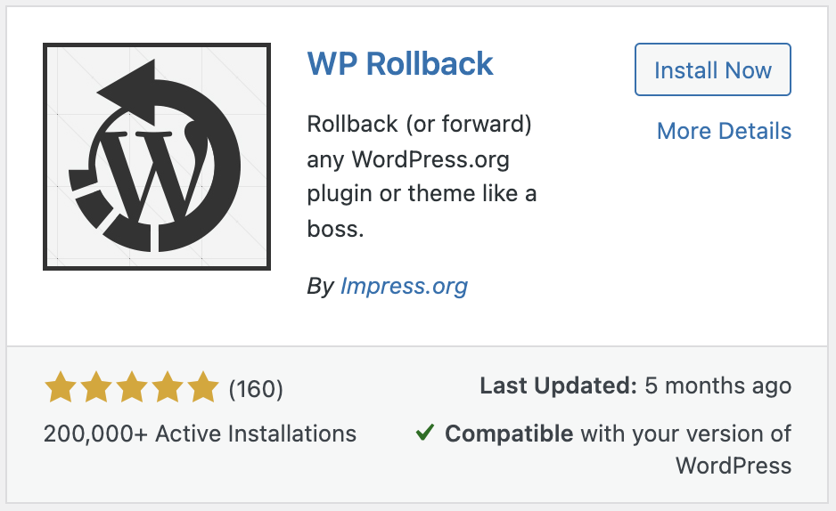 le plugin WP Rollback dans la bibliothèque WP.org