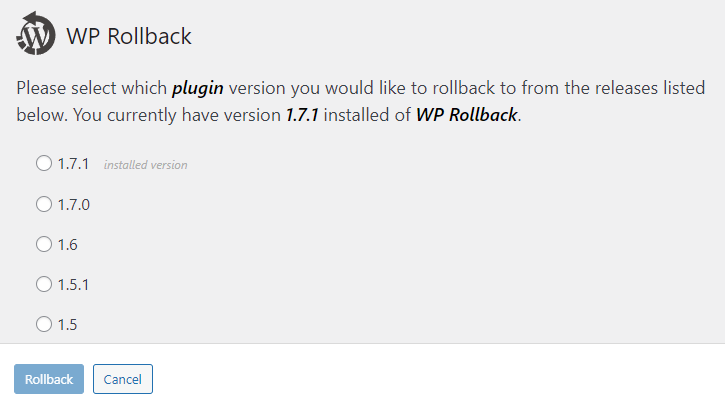 Versiunile pluginului WP Rollback