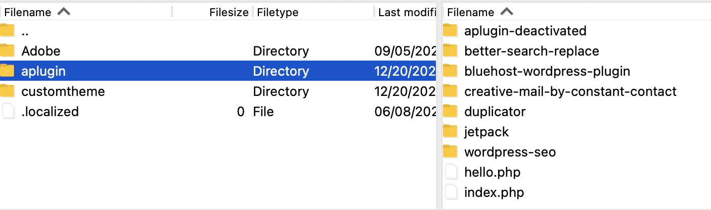 ripristinare una vecchia versione di un plug-in tramite SFTP