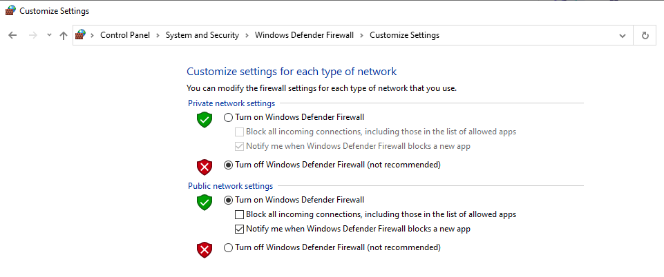 impostazioni per la disattivazione di un firewall di Windows