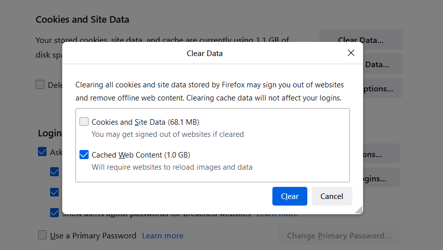 memilih data yang akan dihapus di Firefox