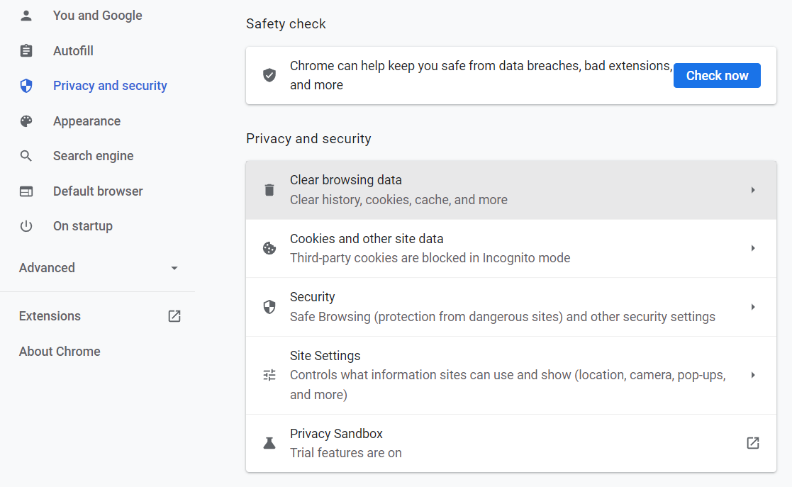 在 Chrome 中清除浏览器缓存