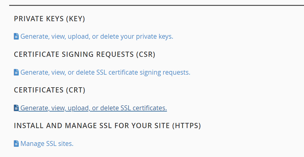 ตัวเลือกสำหรับคีย์ส่วนตัวและการสร้างใบรับรอง SSL