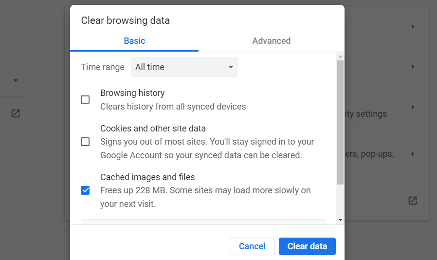 opsi untuk menghapus data browser di Chrome