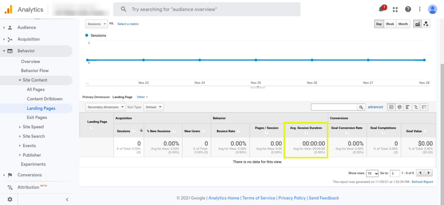 Durasi Sesi di bawah laporan Laman Landas di Google Analytics