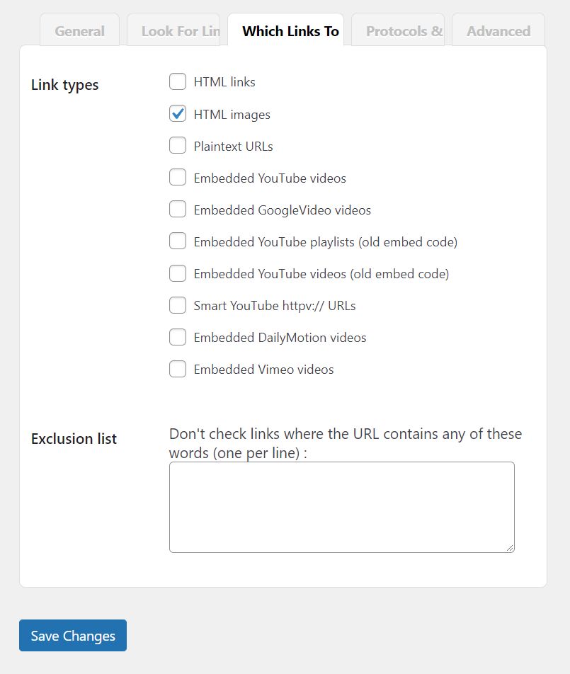 configuraciones para verificar enlaces de medios rotos