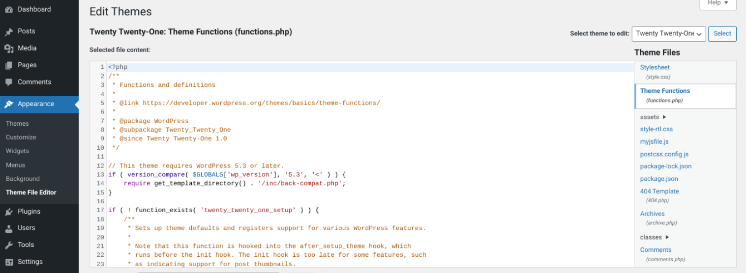 Bearbeiten der Datei functions.php