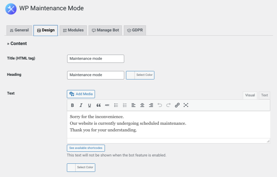 opções de design para o modo de manutenção