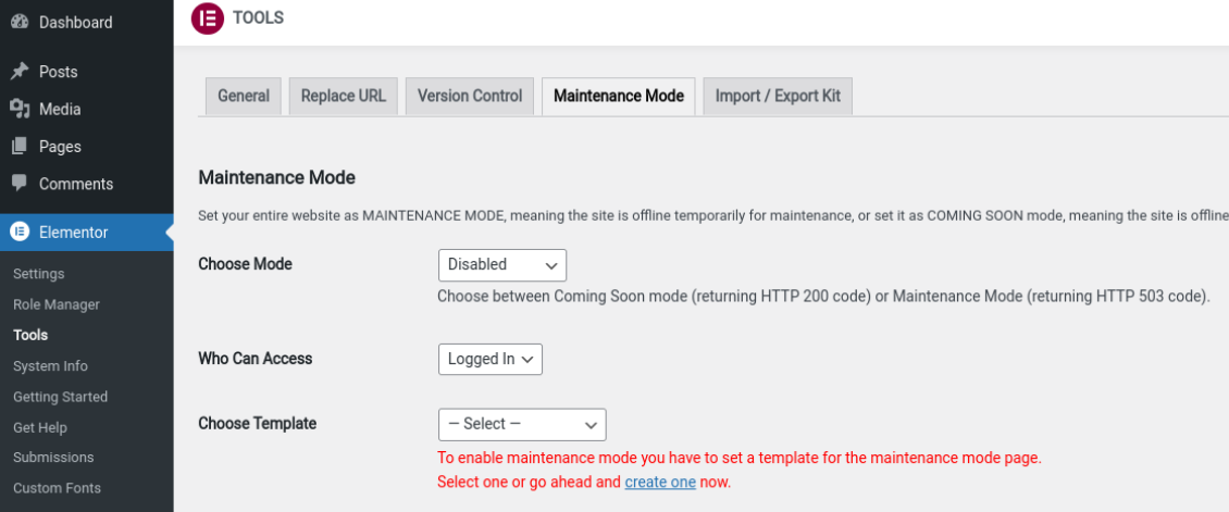 activar el modo de mantenimiento con Elementor