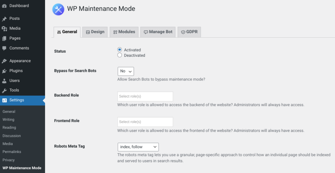 Configuración del complemento del modo de mantenimiento de WP