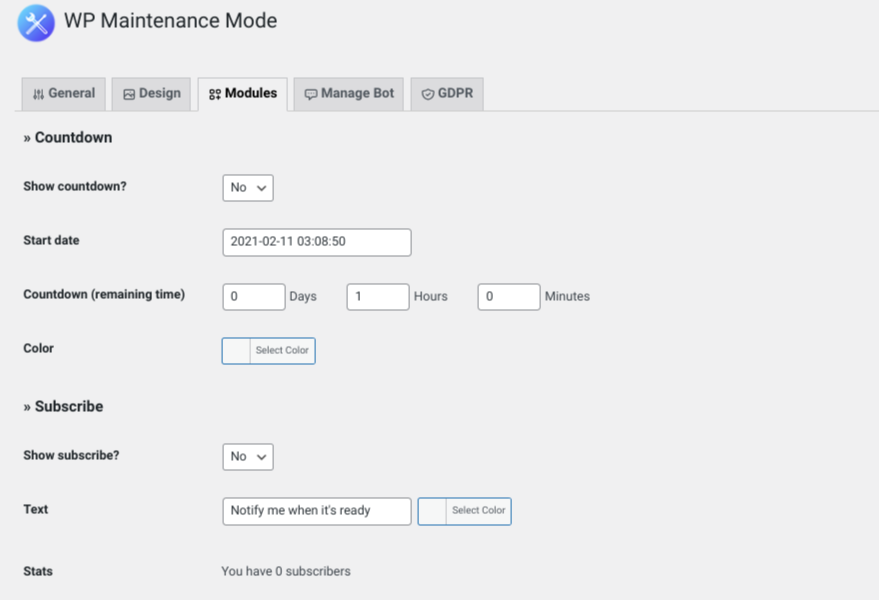 options du module dans le plugin WP Maintenance Mode